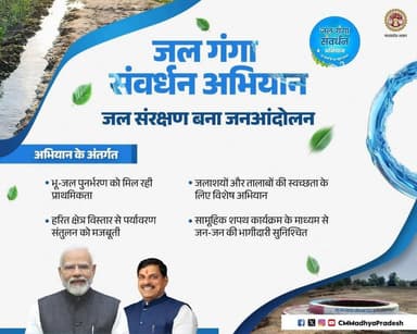 #जल_गंगा_संवर्धन_अभियान_MP
𝟏𝟗 मार्च – 𝟑𝟎 जून 𝟐𝟎𝟐𝟔
सुरक्षित जल, समृद्ध कल 💧
तालाब, कुओं और बावड़ियों का पुनरोद्धार,
जनभ...