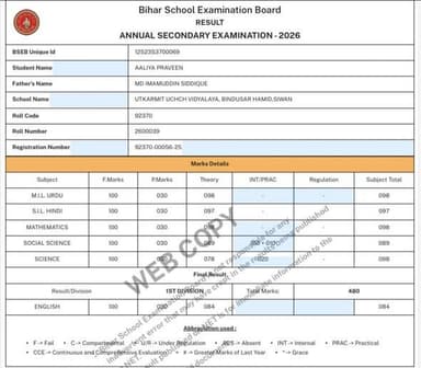 सिवान ज़िले के बिन्दुसार हमिद निवासी इमामुद्दीन की पुत्री आलिया परवीन ने मैट्रिक परीक्षा में 480 अंक प्राप्त कर जिला टॉप...