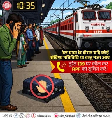 ट्रेन में यात्रा के दौरान हमेशा सतर्क और सजग रहें⚠🚨
प्लेटफॉर्म या ट्रेन में संदिग्ध गतिविधि या वस्तु दिखे तो छुएं नहीं बल्कि तुरंत 139 पर कॉल कर RPF को सूचित करें ।
#ResponsibleRailYatri #Call139 #Indianrailways