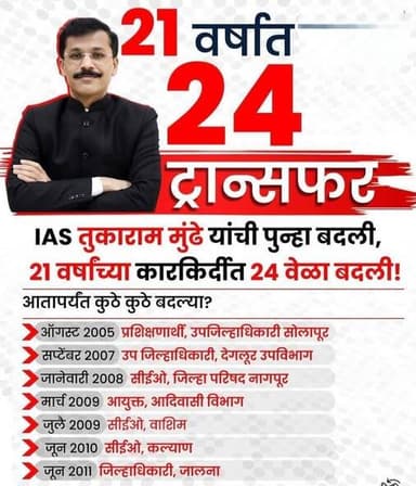 21 वर्षात तब्बल 24 बदल्या - धडाकेबाज आयएएस अधिकारी तुकाराम मुंडे, सचिव महसूल व वन विभाग
आतापर्यंत खालील पदाचा स्विकारला...