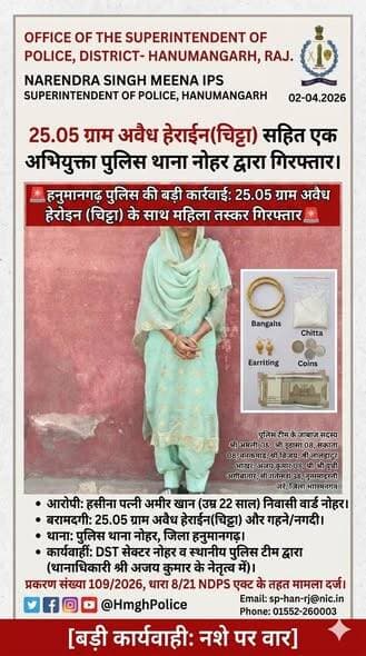 🚨हनुमानगढ़ पुलिस की बड़ी कार्रवाई: 25.05 ग्राम अवैध हेरोइन (चिट्टा) के साथ महिला तस्कर गिरफ्तार🚨 ✍🏻#Lalbahadurbhakharjou...