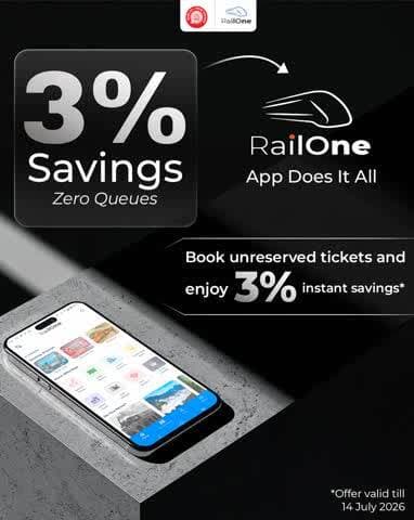 Digital booking is made more rewarding with #RailOneApp, offering 3% instant savings on unreserved tickets. Offer valid till 14 July 2026.