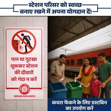 स्टेशन परिसर को साफ-सुथरा बनाए रखने में हमारा सहयोग करें और कूड़ा हमेशा कूड़ेदान में ही डालें। 🚆
#ResponsibleRailYatri