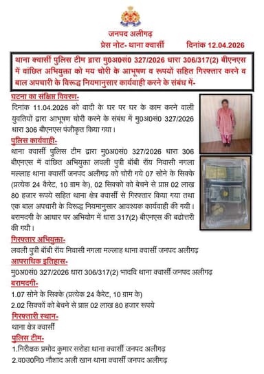 #Aligarh । #AligarhPolice
थाना क्वार्सी पुलिस टीम द्वारा मु0अ0सं0 327/2026 धारा 306/317(2) बीएनएस में वांछित अभियु...