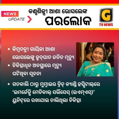 କିମ୍ବଦନ୍ତୀ ଗାୟିକା ଆଶା ଭୋସଲେଙ୍କ ପରଲୋକ।
#ashabhosle #death #singer #bollywood #gtvnewsodisha