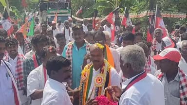 கண்டச்சிபுரம்: வசந்த கிருஷ்ணாபுரம் கிராமத்தில் அதிமுக வேட்பாளருக்கு மாலை கிரீடம் அணிவித்து வீர வால் வழங்கி வரவேற்பு அளித்த கூட்டணி கட்சி நிர்வாகிகள்