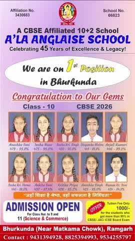 ए'ला एंगलाइज स्कूल, भुरकुंडा ने इस वर्ष सीबीएसई, दसवीं का रिजल्ट में भुरकुंडा कोयलांचल में प्रथम स्थान प्राप्त किया।
