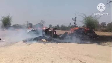 पटेरा: पटेरा थाना क्षेत्र के बेलखेड़ी गांव में थ्रेसिंग के दौरान फसल में लगी आग, गेहूं की फसल और थेसर जला