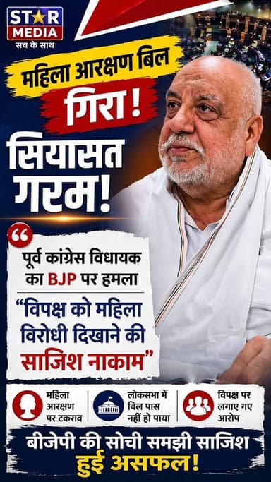 महिला आरक्षण पर बवाल! BJP पर सा'जिश का आ'रोप, सियासत में मचा घ'मासान, आ'रोप-प्र'त्यारोप तेज! असंध से पूर्व कांग्रेस विधा...