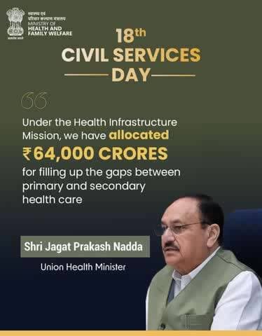 Strengthening India’s healthcare infrastructure remains a key priority, as highlighted by Union Health Minister Jagat Prakash Nadda on the occasion of the 18th #Civil Services Day.