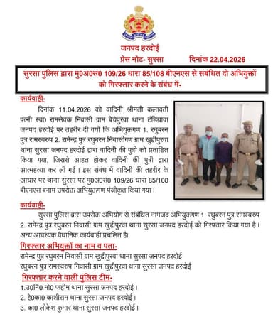 #HardoiPolice
सुरसा पुलिस द्वारा मु0अ0सं0 109/26 धारा 85/108 बीएनएस से संबंधित दो अभियुक्तों को गिरफ्तार करने के संबंध म...