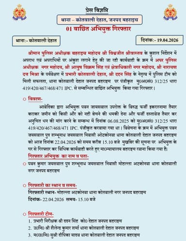 #SPBahraich के निर्देशन में,
थाना को0देहात पुलिस द्वारा मु0अ0सं0 312/25 धारा 419/420/467/468/471 IPC से संबंधित 01 वांछ...