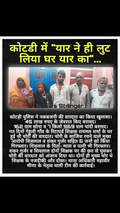 कोटडी क्षेत्र के गेहूंली गांव में बीमार टीचर के
घर पर उनके नजदीकी दोस्तो ने लाखो की
चोरी की घटना को अंजाम दिया। पुलिस ने...