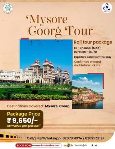 Join the delightful journey by IRCTC Tourism's Mysore Coorg Tour. This all-inclusive package offers a curated experience while exploring Mysore and Coorg for 4N/5D. the package price starts at ₹9,650/- pp*.