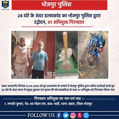 24 घंटे के अंदर हत्याकांड का #भोजपुर_पुलिस द्वारा उद्भेदन, 01 अभियुक्त गिरफ्तार
सहार थानांतर्गत दिनांक 21.04.2026 को हुए हत्याकांड के मामले में भोजपुर पुलिस द्वारा त्वरित कार्रवाई करते हुए 24 घंटे के अंदर घटना में प्रयुक्त कुदाल एवं मृतक क