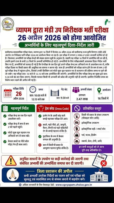 छत्तीसगढ़ व्यावसायिक परीक्षा मंडल (व्यापम) द्वारा 26 अप्रैल 2026 को राज्य के 16 जिलों में मंडी उप निरीक्षक भर्ती परीक्षा...
