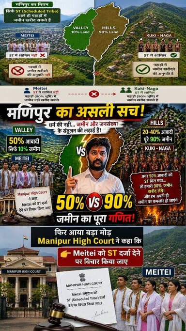 मणिपुर में दंगे क्यों हुए? मणिपुर का पूरा गणित: जमीन vs जनसंख्या!
“ये धर्म की लड़ाई नहीं… मणिपुर का असली सच!”
#Manipur ...