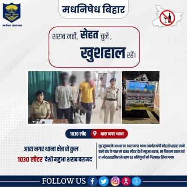 अवैध शराब के विरुद्ध #भोजपुर_पुलिस की बड़ी कार्रवाई...
.
.
आरा नगर थानांतर्गत गुप्त सूचना के आधार पर गांगी मोड़ से धरहरा जाने वाले बांध के पास से 1030 लीटर देशी महुआ शराब, 01 पिकअप वाहन एवं 01 मोटरसाइकिल के साथ 03 अभियुक्तों