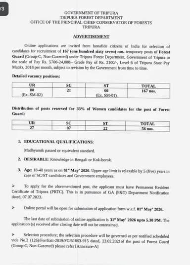 #Online applications are currently being accepted from eligible Indian citizens for 167 temporary positions as Forest Gu...