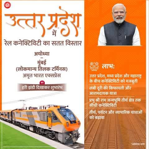 अयोध्या–मुंबई (लोकमान्य तिलक टर्मिनस) #AmritBharatExpress से यात्रियों को मिलेगा किफायती, सुविधाजनक और तेज यात्रा का अनुभव।
#RailInfra4UttarPradesh