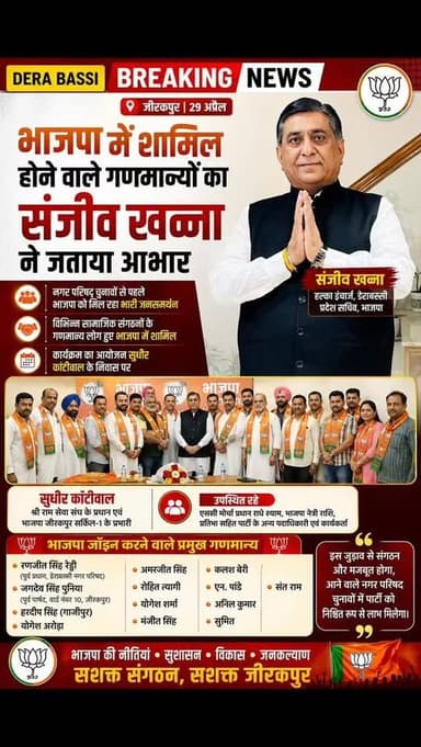 भाजपा में शामिल होने वाले गणमान्यों का संजीव खन्ना ने जताया आभार