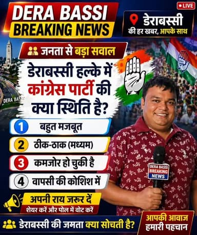 👉 डेराबस्सी हल्के में कांग्रेस पार्टी की क्या स्थिति है?
ऑप्शन:
🔵 बहुत मजबूत
🟡 ठीक-ठाक (मध्यम)
🔴 कमजोर हो चुकी है
⚪ वापस...