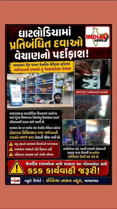ઘાટલોડિયામાં પ્રતિબંધિત દવાઓ વેચાણનો પર્દાફાશ
સત્તાધાર રોડ પરના જેનરિક મેડિકલ સ્ટોરમાં ગર્ભપાતની દવાઓ નું ગેરકાયદેસર વેચ...