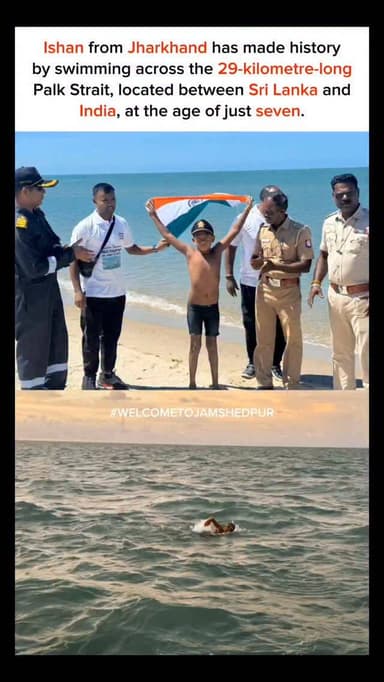 Ishan from Jharkhand has made history by swimming across the 29-kilometre-long Palk Strait, located between Sri Lanka an...