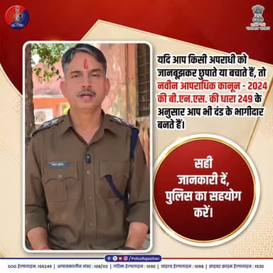 बीएनएस की धारा 249 : अपराधी को पनाह देने पर सजा।
#RajasthanPolice
#LawAndOrder
#BNS
#BNSS
#BSA
भारतीय_न्याय_संहिता
नवीन...