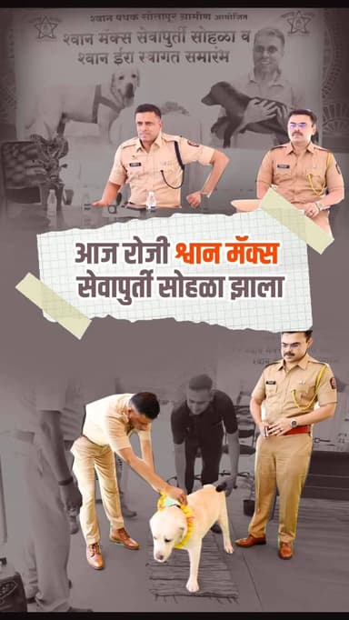 शौर्य, सतर्कता आणि निष्ठा! 🛡️✨
पोलीस दलाचा कणा असलेला 'मॅक्स' आज सेवापूर्ती सोहळ्याने सन्मानित झाला.
✅ गुन्हे शोधणे
✅ स्...