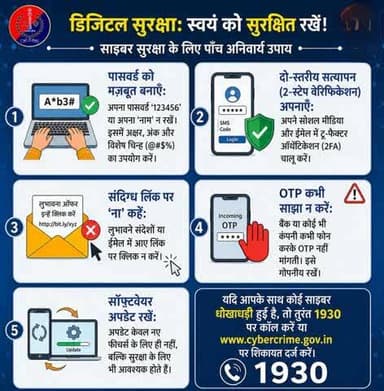 डिजिटल सुरक्षाः स्वयं को सुरक्षित रखें !
यदि आपके साथ कोई साइबर धोखाधड़ी हुई है, तो तुरंत 1930 पर कॉल करें या cybercrime.gov.in पर शिकायत दर्ज करें।
#CyberSecurity
