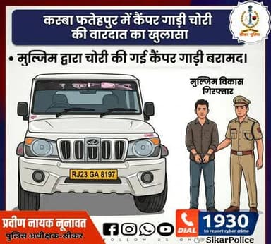 #सीकर
🔸कस्बा फतेहपुर में कैंपर गाड़ी चोरी की वारदात का खुलासा,मुल्जिम विकास गिरफ्तार,मुल्जिम द्वारा चोरी की गई कैंपर गाड़ी बरामद
#थाना_कोतवाली_फतेहपुर
#TeamSikarPolice
