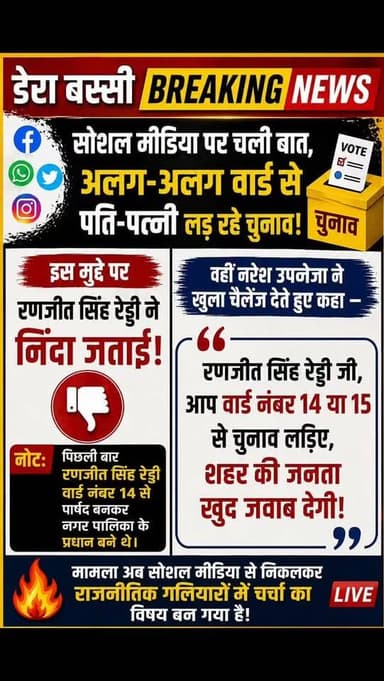🟥 पति-पत्नी के चुनावी मुकाबले पर छिड़ी सियासी जंग!
🟨 रणजीत सिंह रेड्डी की निंदा पर नरेश उपनेजा का खुला चैलेंज!
🔥 “वार्ड ...