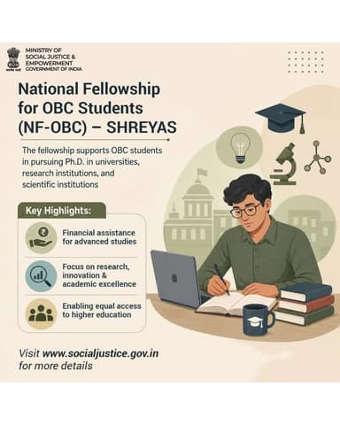 NF-OBC SHREYAS Fellowship is helping OBC students achieve their Ph.D. dreams with financial support and equal opportunities in higher education — visit socialjustice.gov.in for more details. #EducationForAll