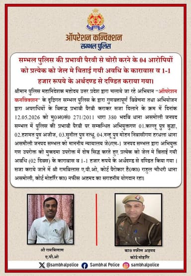 अभियोजन से अपराध नियंत्रण-
#OperationConviction के तहत #SPSambhal
@Krishan_IPS के निर्देशन में #SambhalPolice व अभियोज...
