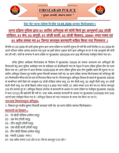 #GoodWorkByFirozabadPolice थाना दक्षिण पुलिस द्वारा 01 शातिर अभियुक्त को चोरी किये हुए आभूषणों (02 जोडी तोड़िया, 01 चेन,...