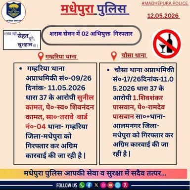 शराब सेवन में 02अभियुक्त को मधेपुरा पुलिस ने किया गिरफ्तार |
@bihar_police
@BiharHomeDept
@iprdbihar
#madhepurapolice
#knowyourpolice