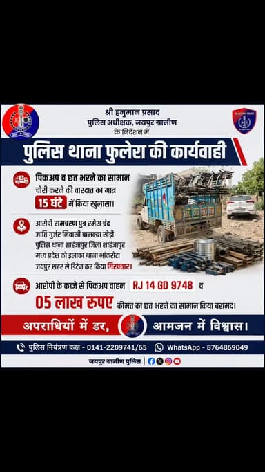 #Jaipur_Rural: श्री हनुमान प्रसाद, पुलिस अधीक्षक, जयपुर ग्रामीण के निर्देशन में पुलिस थाना फुलेरा की कार्यवाही।
पिकअप व...