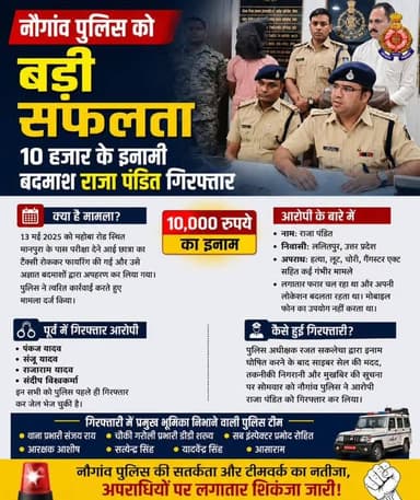 नौगांव पुलिस को बड़ी सफलता, 10 हजार के इनामी बदमाश राजा पंडित गिरफ्तार
नौगांव। थाना नौगांव पुलिस को बड़ी सफलता हाथ लगी ...