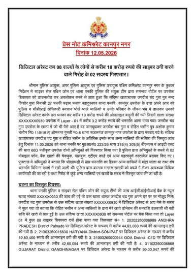 डिजिटल अरेस्ट के नाम पर देशभर में करोड़ों की साइबर ठगी करने वाले गिरोह का थाना पनकी पुलिस व पश्चिम जोन साइबर सेल ने किया...