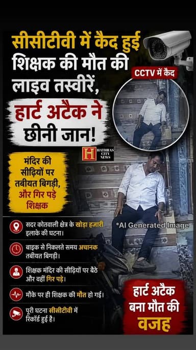 हाथरस: कैमरे में कैद हुई ‘लाइव मौत’! बाइक स्टार्ट करते ही आया हार्ट अटैक, शिक्षक की गई जान।मंदिर की सीढ़ियों पर थमी सांस...