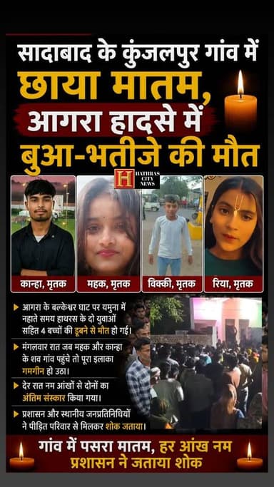 हाथरस: सादाबाद के कुंजलपुर गांव में छाया मातम, आगरा के बल्केश्वर घाट पर यमुना में नहाते समय हाथरस के दो युवाओं सहित 4 बच...