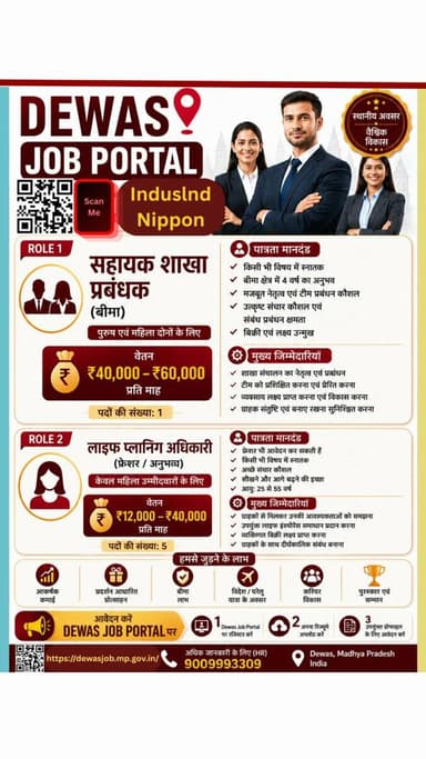 ➡️#देवास_जॉब_पोर्टल के माध्यम से इंडसइंड निप्पोन कंपनी द्वारा सहायक शाखा प्रबंधक (बीमा) व लाइफ प्लानिंग अधिकारी के लिए आ...
