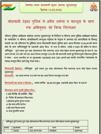 पुलिस अधीक्षक सुलतानपुर @ipsCharuNigam के निर्देशन में कोतवाली देहात पुलिस ने अवैध तमंचा व कारतूस के साथ एक अभियुक्त को ...