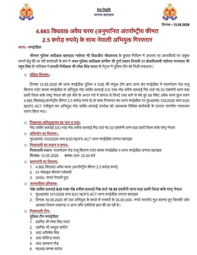 #SPBahraich के कुशल निर्देशन में,
थाना रूपईडीहा पुलिस व #SSB की संयुक्त टीम द्वारा कुल 4.665 किलोग्राम नाजायज चरस (कीमत ...