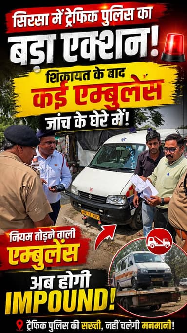 सिरसा में ट्रैफिक पुलिस का बड़ा एक्शन! शिकायत के बाद कई एम्बुलेंस जांच के घेरे में! अब नहीं चलेगी मनमानी, नियम तोड़ने वा...