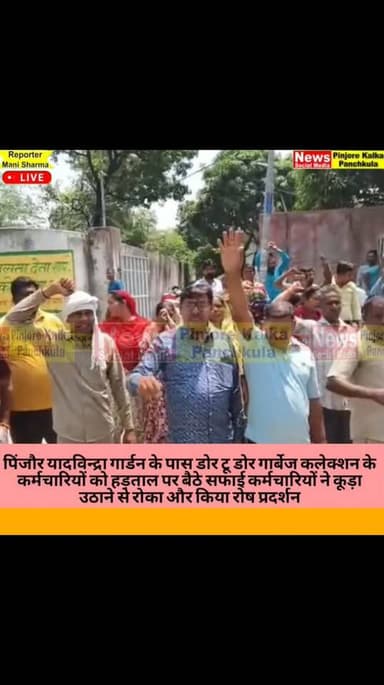 पिंजौर यादविन्द्रा गार्डन के पास डोर टू डोर गार्बेज कलेक्शन के कर्मचारियों को हड़ताल पर बैठे सफाई कर्मचारियों ने कूड़ा उ...