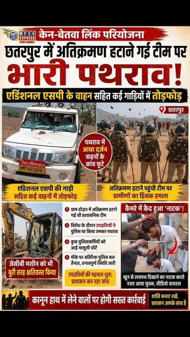 केन-बेतवा लिंक परियोजना: छतरपुर में अतिक्रमण हटाने गई टीम पर भारी पथराव
एडिशनल एसपी के वाहन सहित कई गाडिय़ों में तोडफ़ोड़
...
