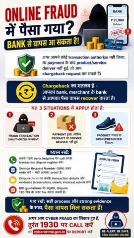 Online fraud में पैसा गया? Bank से वापस आ सकता है
अगर आपने कोई transaction authorize नहीं किया, या payment के बाद product/service deliver नहीं हुई, तो आप chargeback request कर सकते हैं