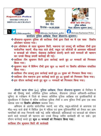 🚨 डीडवाना-कुचामन पुलिस का डिकॉय ऑपरेशन 🚨
श्रीमती ऋचा तोमर (IPS), पुलिस अधीक्षक, डीडवाना-कुचामन के निर्देशन में जिले भर ...